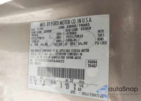 2004 Ford Ranger Xl/Xlt из США, поврежденный, VIN 1FTYR10D04PA46622